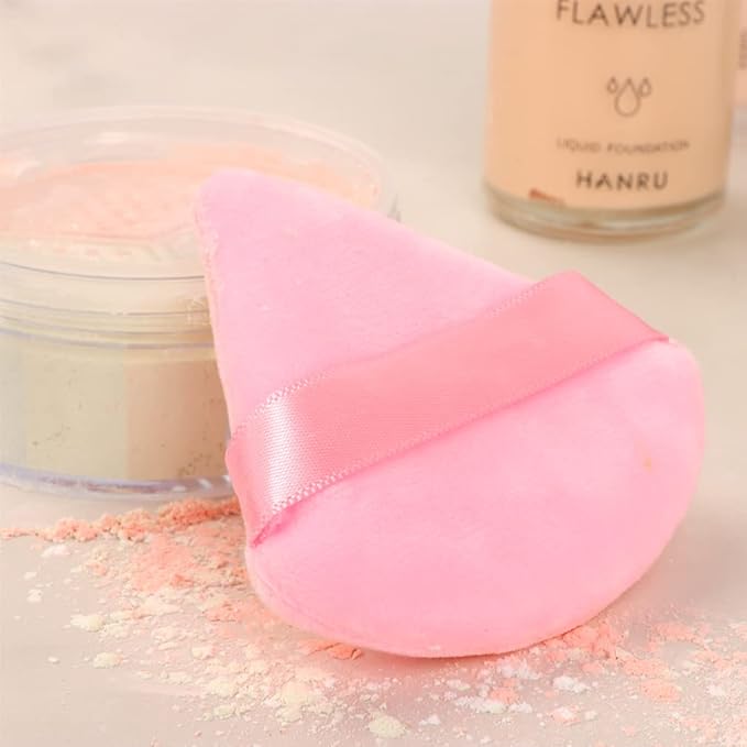 Ocim 10Pcs Powder Puffs for Face Powder,Soft Velour Triangle Beauty Puff,Makeup Pressed,Baking & Setting Powder Sponge Applicator Pads with Case,Black&Pink