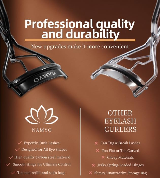 Premium Eyelash Curler Black Edition - Makeup Eyelash Tool with Lasting Lift. Holiday Gift Ready Packaging with Satin Bag. 10 Silicone Refill Pads. Travel Ready. Soft Grip.