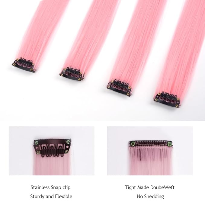 Colored Clip in Hair Extensions 20Inch Straight Syntactic Pink Color Hairpiece Rainbow Party Highlights for Women 16Pcs (Pink Ⅱ)