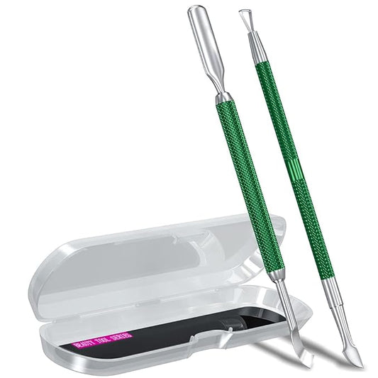 GA&EN 2PCS Metal Dark Green Cuticle Pusher and Cutter Remover Salon Quality Stainless Steel Gel Nail Polish Romover Pens Peeler Scraper Durable Manicure and Pedicure Cleaner Tool For Fingernail