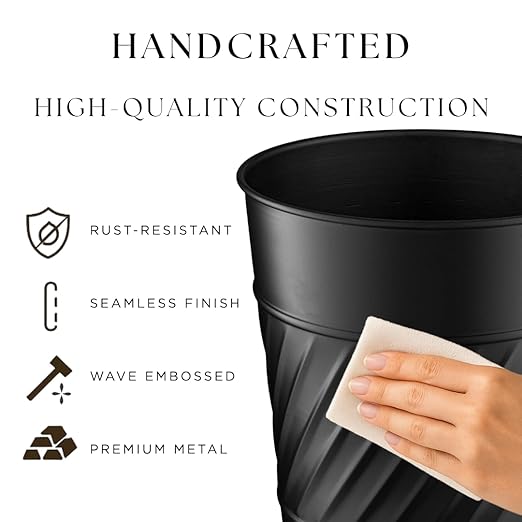 Monarch Abode Metal Bathroom Trash Can – Waste Basket for Bedroom, Office Desk, & Dorm, Handcrafted Wave Embossed, Durable Decorative Black Small Trash Can Bathroom Garbage Bin Wastebasket