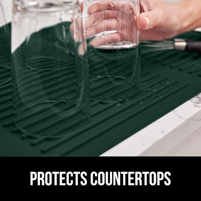 GORILLA GRIP 100% BPA-Free Silicone Dish Drying Mat for Kitchen Counter, Quick Dry, Water Catching Ribbed Design, Easy Clean Waterproof Sink Liner, Heat Resistant, Fits Under Rack, 11x13, Hunter Green