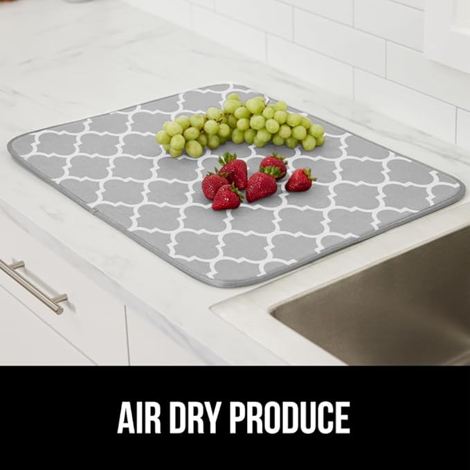 GORILLA GRIP Ultra Water Absorbent Microfiber Dish Drying Mat, 18x24, Quick Dry Thick Mesh, Slip Resistant Pad for Sink Dishes or Under Rack, Kitchen Counter Accessories, Machine Wash Mats, Quatrefoil