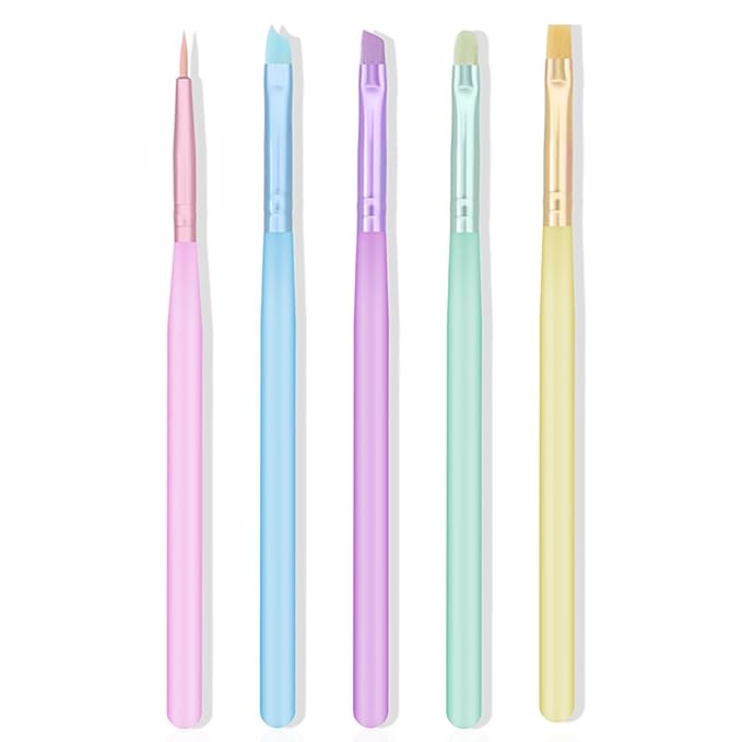 SILPECWEE 5pcs Acrylic Nail Brush Set Macaron Color Nail Art Brush Detail Liner, French Tip, Cleaning Fingernail, Gel Builder, Nail Design Brushes Painting Pen Manicure Brush Tool