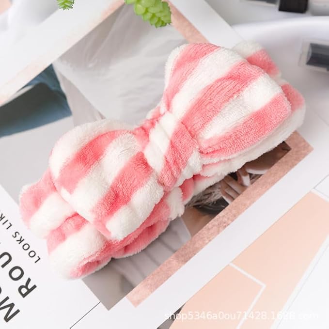 12pcs Spa Headband Soft Bowknot Spa Hair Band Coral Fleece Headband Makeup Headbands for Face Washing Skin Care Shower Yoga Headwraps for Women Girls (Dot Stripe Pattern)