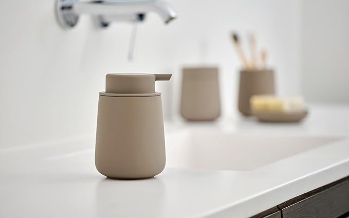 Zone Denmark Nova One Ceramic Storage Box with Lid for Bathroom Utensils Such as Cotton Pads & Cotton Buds Diameter 3.3", Height 3.39", Capacity 290 ml,Taupe