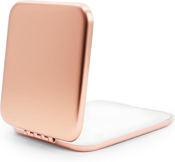 QUSTGO Compact Mirror, Pocket Travel Makeup Mirror for Purse, Metal Square Shell, 2-Sided 1X/2X Magnifying, Portable, Folding, Handheld, Rose,2 Pack