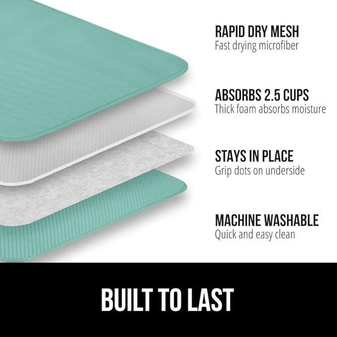 GORILLA GRIP Ultra Water Absorbent Microfiber Dish Drying Mat, 18x24, Quick Dry Thick Mesh, Slip Resistant Pad for Sink Dishes or Under Rack, Kitchen Counter Accessories, Machine Wash, 2 Pack Mint