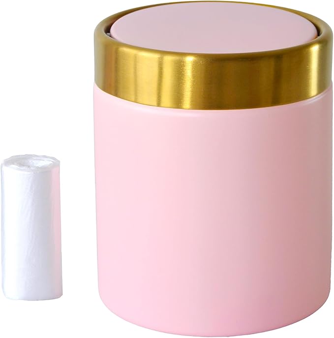 Mini Trash Can with Lid, 1.5 Liter / 0.4 Gallon Small Metal Desk Garbage Bin for Countertop, Coffee Bar, Vanity – Pink