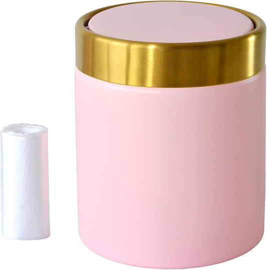 Mini Trash Can with Lid, 1.5 Liter / 0.4 Gallon Small Metal Desk Garbage Bin for Countertop, Coffee Bar, Vanity – Pink