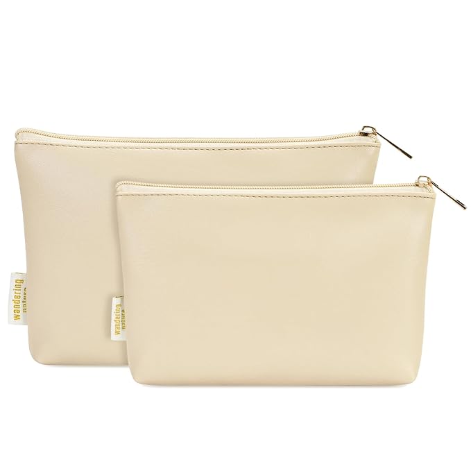 Wandering Nature Makeup Bag Small Cosmetic Bag for Purse 2 Pack Small Make Up Pouch Vegan Leather Cute Travel Pouch with Zipper for Women,Beige