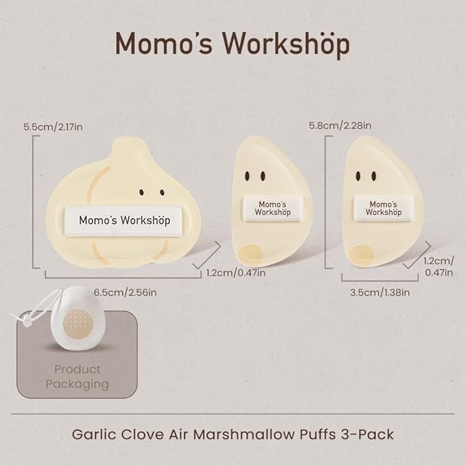 3-Pack Garlic Shape Makeup Puffs, High-Density Rubycell for Oil Control & Full Coverage, Firm PU Leather Backing for Flawless Cream Skin Finish, for Liquid & Cream Makeup & Storage Case