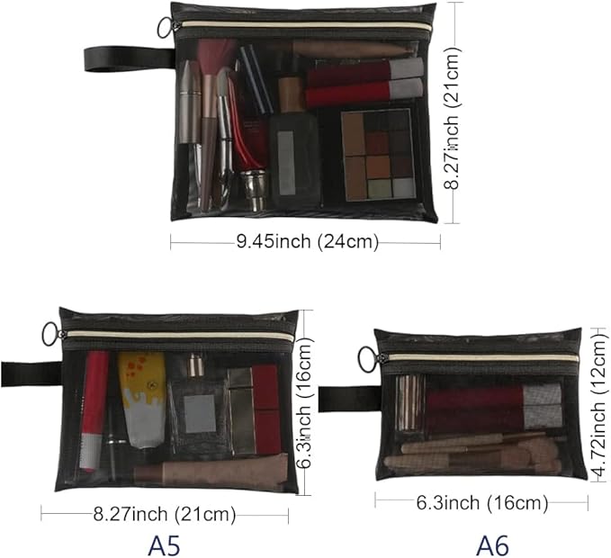 Mesh Cosmetic Bags with Zipper and Handle, Breathable Organization Pouch Pocket for Travel Purse Makeup Toiletry Office Home to Storage Items, 3pcs Black Assorted Sizes 9x8 8x6 6x4 inch