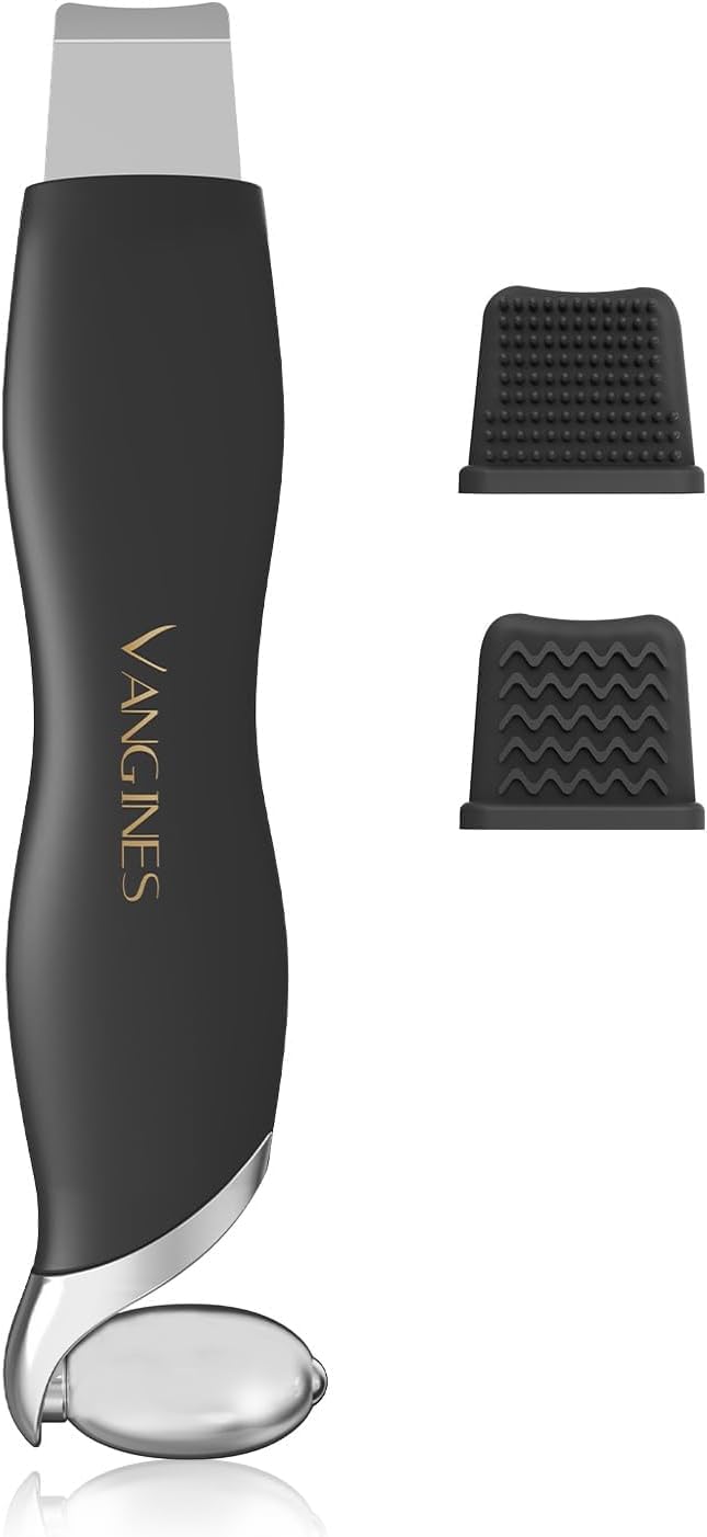 Blackhead Scraper Tool & Skin Scrubber Face Spatula for Blackhead Removal, Pore Cleaning, with Cooling Ice Roller & 2 Silicone Brush Heads (Charcoal Black)