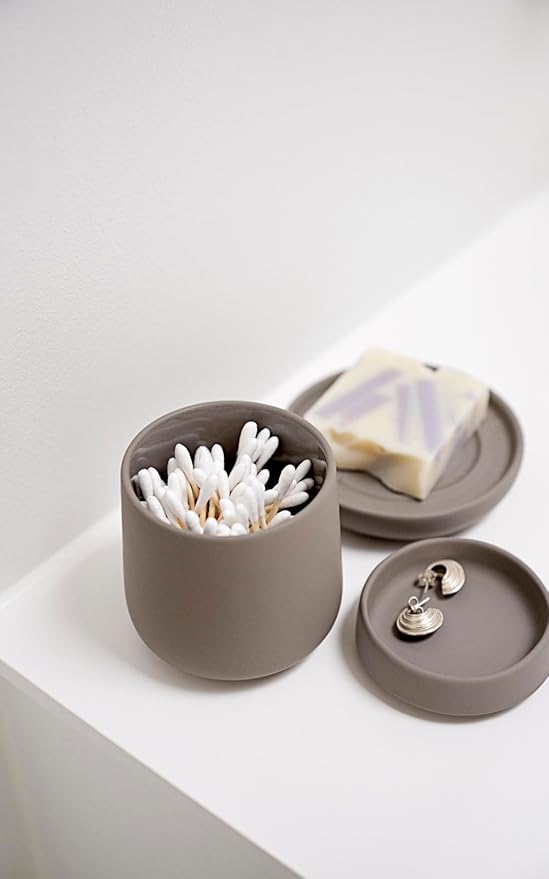 Zone Denmark Nova One Ceramic Storage Box with Lid for Bathroom Utensils such as Cotton Pads & Cotton Buds Diameter 3.3", Height 3.39", Capacity 290 ml, Grey