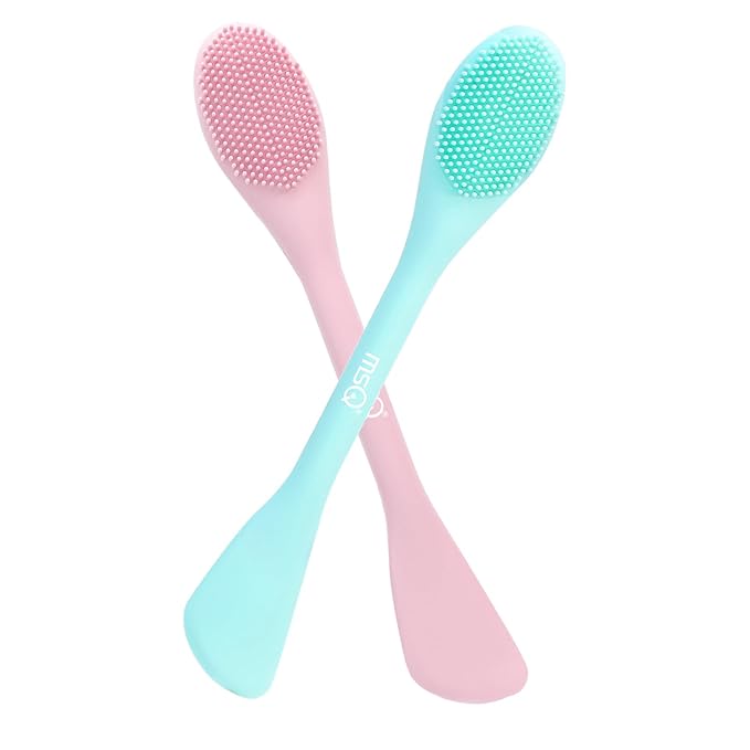MSQ Silicone Face Mask Brush, Soft Facial Cleansing Scrubber, 2 Pack Double-End Facial Mask Brush for Mud, Clay, Charcoal Mixed Mask, DIY, Skincare Applicator Tools (Pink)