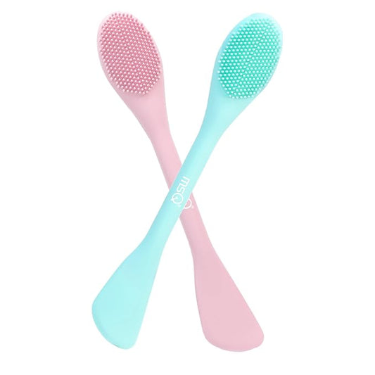 MSQ Silicone Face Mask Brush, Soft Facial Cleansing Scrubber, 2 Pack Double-End Facial Mask Brush for Mud, Clay, Charcoal Mixed Mask, DIY, Skincare Applicator Tools (Pink)