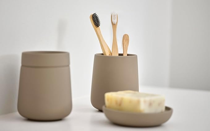 Zone Denmark Nova One Ceramic Storage Box with Lid for Bathroom Utensils Such as Cotton Pads & Cotton Buds Diameter 3.3", Height 3.39", Capacity 290 ml,Taupe