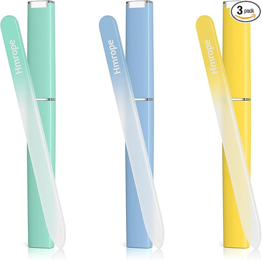 Hmrope 3 Pack Crystal Glass Nail File with Case, Professional Nano Glass Nail Files for Natural Nails, Etched Nail Filer Double-Sided Fingernail Files Ideal Manicure Salon Nail Care for Women Men