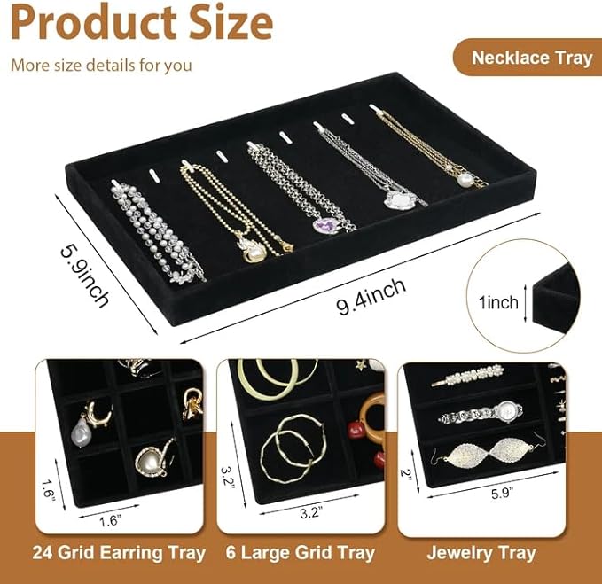 Cirhy 4 Stackable Jewelry Trays Organizer Set for Drawer, Jewelry Organizers and Display Case Storage, Velvet Drawer Inserts Organizer for Necklace Bracelets Earrings Organizer, Gift For Her, Black