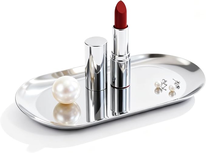 2 Pcs Modern Silver Stainless Steel Oval Decorative Trays, 8.7"L x 2.4"W x 0.4"H, Cosmetic & Jewelry Organizer, Mirror-Polished Finish, 2 Pack