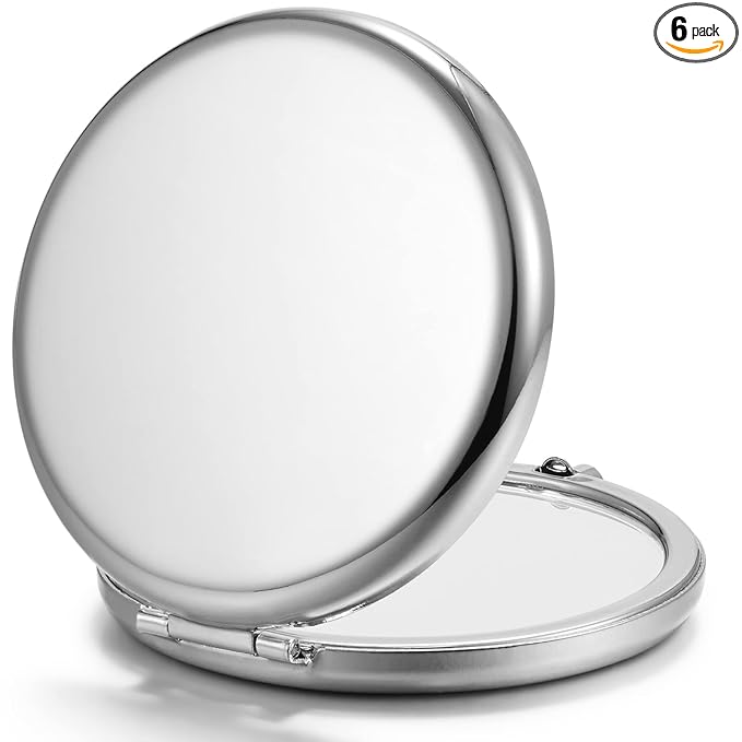 Compact Mirror Bulk, Pack of 6 Double-Sided 1X/2X Magnifying Metal Makeup Mirrors(Round, Silver)