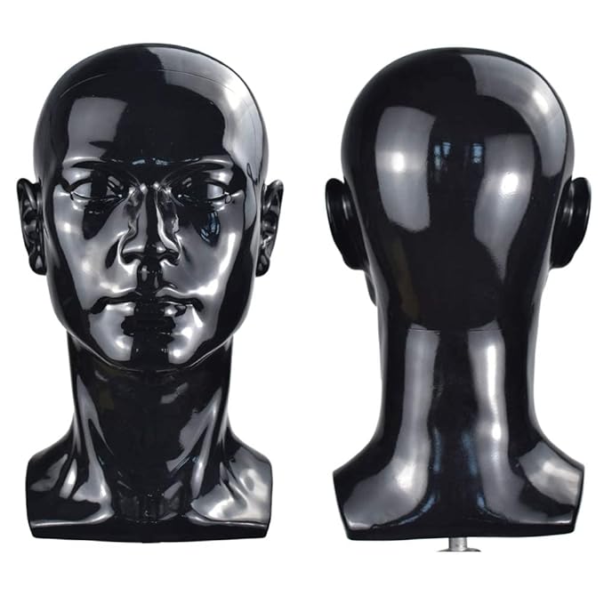 PVC Bright Black Mannequin Head Professional Cosmetology Male Mannequin Head Display Head Stand for Wigs Head for Display Wigs Hair Glases Hat Headset Display Stand(L30-Bright Black)