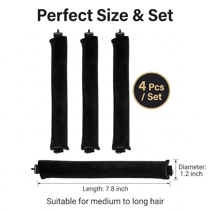 Overnight Heatless Hair Curler Blowout Rods Jumbo, Heatless Curls Satin Flexi Rods for Overnight Sleeping, No Heat Curling Tool for All Hair Types, Soft Heatless Hair Curler (Black，4 Rods)