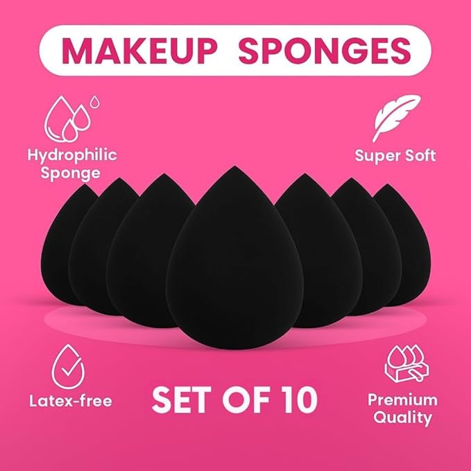 10 Pack Makeup Sponges for Foundation Blending Reusable Beauty Applicators for Liquid Cream & Powder Water Drop Design Latex Free and Fragrance Free