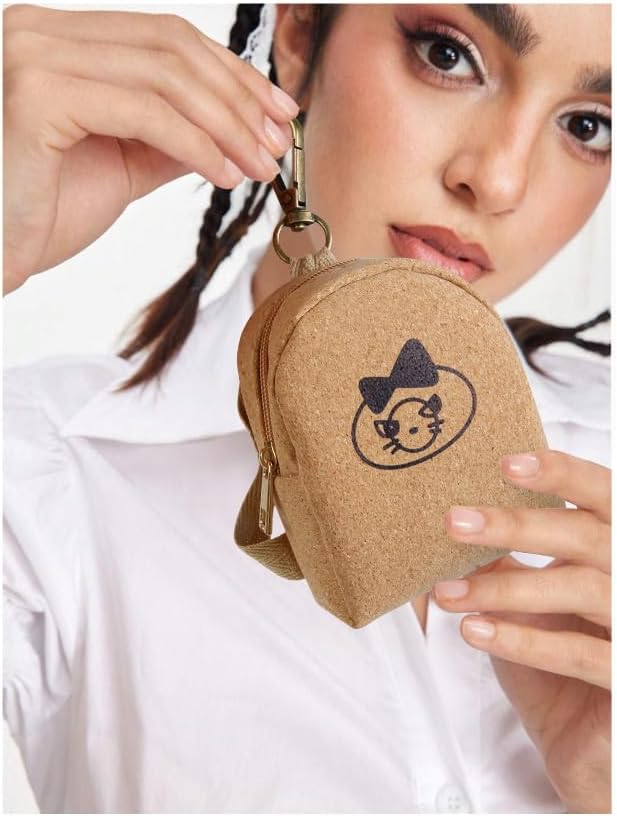 4Pcs Mini Backpack Keychain,Cute Cosmetic Bag for Women,PU Leather Makeup Bag Key Pocket Lipstick Bag Card Holder Data Cable Organizer Zipper Pouch (Brown Kraft Paper)