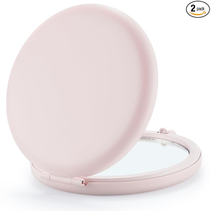 Compact Mirror Bulk, Set of 2 Double-Sided 1X/2X Magnifying Purse Pocket Makeup Mirrors(Round, Pink Marshmallow)