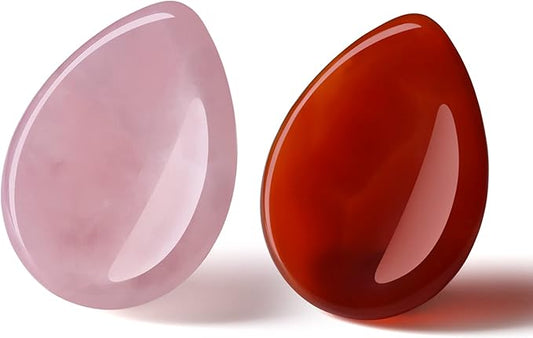 2PCS Thumb Worry Stone Rose Quartz Carnelian Healing Crystals Sets Hand Carved Stones Gemstone Pocket Natural Stone Meditation Reiki Water Drop Shaped Palm Stone for Anxiety Therapy