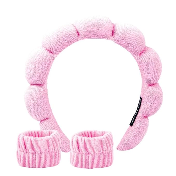 CHASESUN SPA Headband Skincare Hair Band Bubble headband Set for Washing Face Makeup Skincare SPA Bubble with Wristbands Set Pink