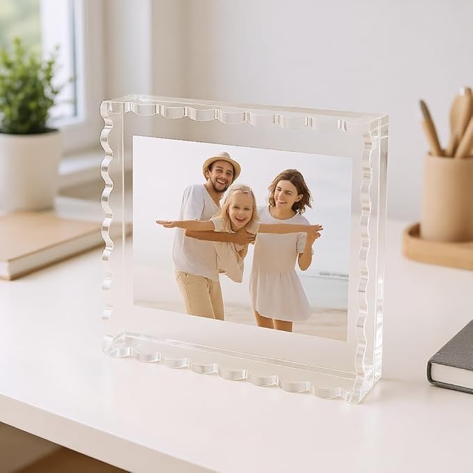 Acrylic Tray with Ultra-Strong Magnetic Mat- 7.9×7.9 Customizable Serving & Display Tray, Clear Scalloped Vanity Jewelry Organizer, Picture Frame Bathroom Tray Decor, Unique Gift for Women Girls