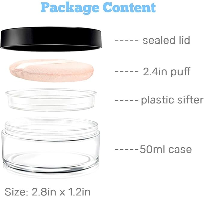 Kalevel Empty Makeup Powder Container 50ml with Puff Loose Face Compact Case Plastic Cosmetic Jars Travel Containers Refillable Bottle Box Holder with Sifter and Lid