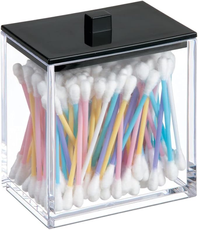 mDesign Plastic Rectangle Apothecary Canister - Organizer for Bathroom Vanity Countertop Shelf Decor - Holds Cotton Swabs, Soap, Makeup, Bath Salts - Lumiere Collection - 2 Pack - Clear/Matte Black