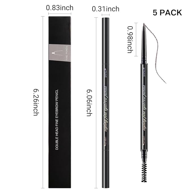 5 Pcs Dual-Sided Auto-rotate Ultra-Fine Tip Eye Brow Pencils Pack,Draws Tiny Precise Brow Makeup, Defines, Fills Brows, Shapes, Contours, Combs, ‌1mm Pen Point (2*Black+2*Tea+Gray)