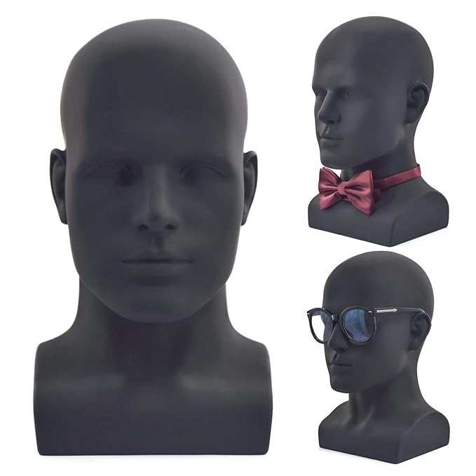PVC Matte Black Male Mannequin Head Display Head Stand Wig Display Head Model Men Manikin Head Dolls for Display Headset, Headphone, Game Console, Hats, Wigs Jewellery (Matte Black)