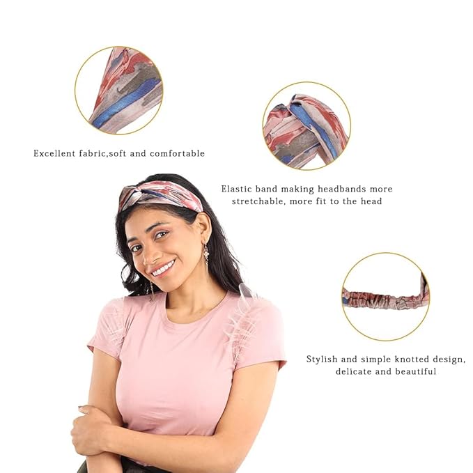 Madison Tyler Boho Headbands | Top Knot With Rhinestones, Non Slip for Workout & Party (Multi Color: Pink, Blue, Tan)