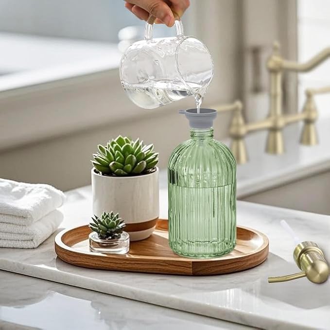 16Oz Green Glass Soap Dispenser with Rust Proof Stainless Steel Pump, Green Stripe Bathroom Hand Dish Lotion Dispensers with Brushed Gold Pump,Brushed Gold Glass Soap Dispenser