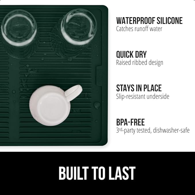 GORILLA GRIP 100% BPA-Free Silicone Dish Drying Mat for Kitchen Counter, Quick Dry, Water Catching Ribbed Design, Easy Clean Waterproof Sink Liner, Heat Resistant, Fits Under Rack, 12x16, Hunter Green