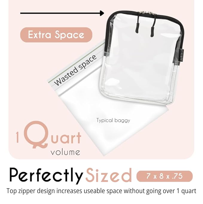 BORSALI TSA Approved Toiletry Bag - Clear Quart Size for 3-1-1 LIquids for Carry On Travel - Toiletries Organizer - Cosmetic Pouch with Zipper - Travel Accessories - Cream with Handle