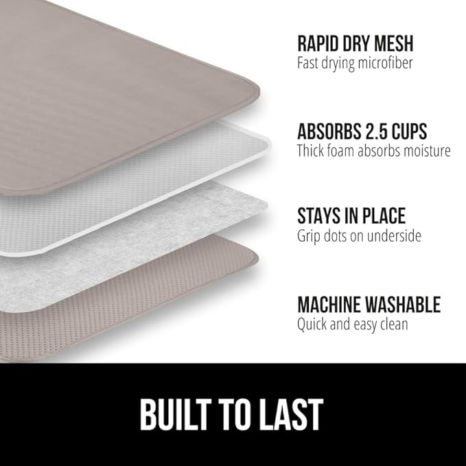 GORILLA GRIP Ultra Water Absorbent Microfiber Dish Drying Mat, Quick Dry Thick Mesh, Slip Resistant Pad for Sink Dishes or Under Rack, Kitchen Counter Accessories, Machine Wash Mats, 18x16, Almond