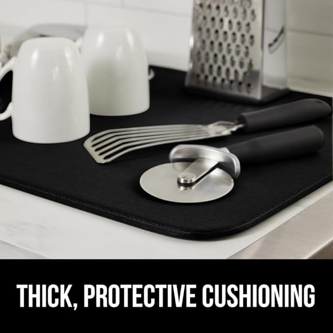 GORILLA GRIP Ultra Water Absorbent Microfiber Dish Drying Mat, 18x24, Quick Dry Thick Mesh, Slip Resistant Pad for Sink Dishes or Under Rack, Kitchen Counter Accessories, Machine Wash Mats, Black
