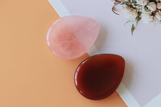 2PCS Thumb Worry Stone Rose Quartz Carnelian Healing Crystals Sets Hand Carved Stones Gemstone Pocket Natural Stone Meditation Reiki Water Drop Shaped Palm Stone for Anxiety Therapy