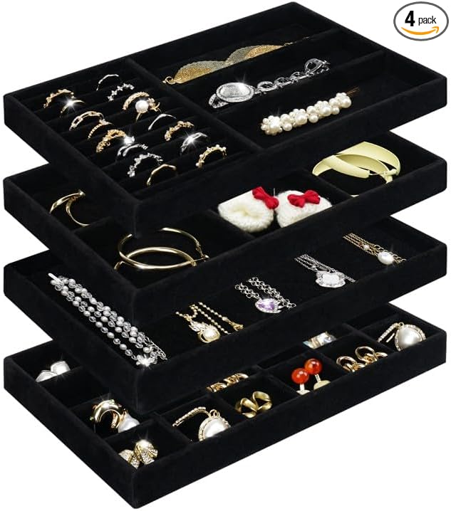 Cirhy 4 Stackable Jewelry Trays Organizer Set for Drawer, Jewelry Organizers and Display Case Storage, Velvet Drawer Inserts Organizer for Necklace Bracelets Earrings Organizer, Gift For Her, Black