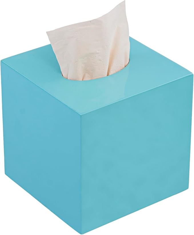 PEMAR 5.9” Cube Lacquer Tissue Box Cover, Decorative Napkin Dispenser Organizer, Rustic Farmhouse Vintage Decor for Table, Kitchen, Bathroom Vanity Countertop, Office (Aqua)