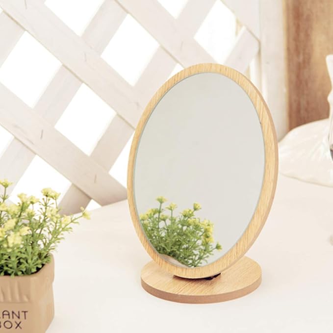 Aestivate Oval Compact Table Mirror - Wood Framed Desktop Mirror with 90 Degree Rotation for Makeup & Cosmetic
