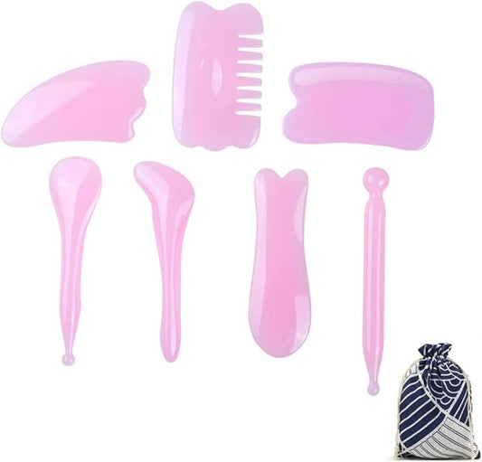 YUYONGTANG 7 Pieces Gua Sha Scraping Massage Tool,Natural Resin GuaSha Tool Massage Tools Set for Face Back and Neck Release,Reduce Muscle Pain,with Storage Bag (Pink)