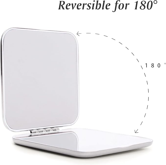 Compact Mirror for Purse, Metal Square Shell, Double-Sided 1X/2X Magnifying, Portable Travel Makeup Mirror, Mini Pocket Mirror, Sliver, 2 Packs